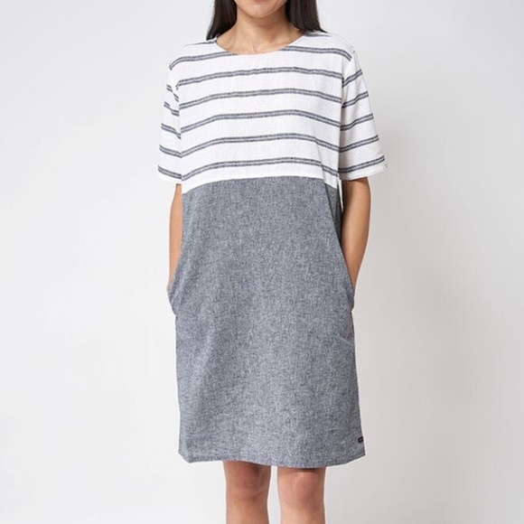 NEW Linen Blend Gray White Striped Short Sleeve Dress With Pockets SZ EU38 US6-8 - Picture 1 of 4